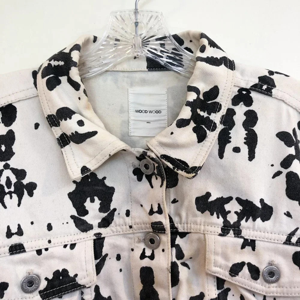 WOOD WOOD Black & White Splattered Canvas Jean Designer Denim Jacket S FLAWED - Picture 5 of 10